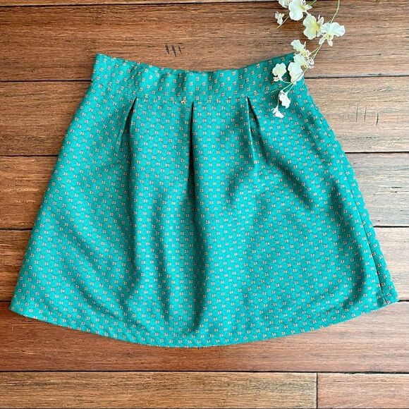 KLING A-Line Pleated Skirt Green Floral Dot Print SZ M - Picture 1 of 10